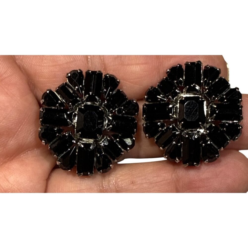 Collectible WEISS Black Rhinestone Clip-On Statement VTG Earrings Mid-Century Gl